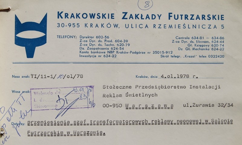 Krakowskie Zakłady Futrzarskie, nagłówek pisma kierowanego do Stołecznego Przedsiębiorstwa Instalacji Reklam Świetlnych